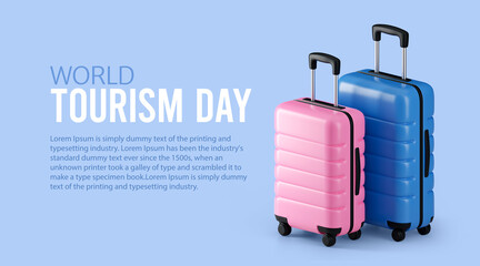 Obraz premium World Tourism Day concept 3D illustration. Blue and pink suitcases on blue background with copy space. Travel bag, tourism for couple concept. 3d rendered illustration