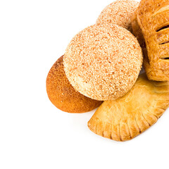 Pastries, buns and bread Isolated on a white . There is free space for text. - 788417698