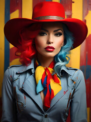 Portrait of a stylish woman with colorful hair,  red lips and a cowboy hat. 