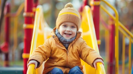 Cute little boy is sliding down the slide in the playground - obrazy, fototapety, plakaty