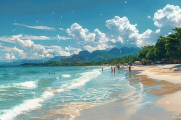 Beautiful resort beach scene with people in swimsuits - obrazy, fototapety, plakaty