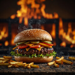 A juicy and delicious hamburger cooked over a wood fire. Ready to be eaten with french fries and...