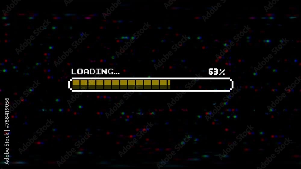 Poster pixel loading bar and the message loading on glitch digital background.