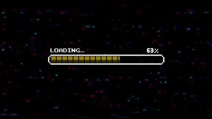 Pixel loading bar and the message loading on glitch digital background.