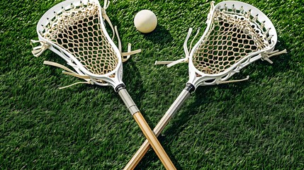 lacrosse sticks with ball lay flat on green artificial grass pitch match day, sports competition, ready to play