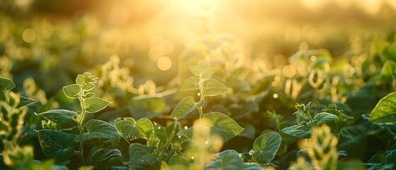 Serenity at Dawn: Glistening Soybean Field. Concept Nature Photography, Scenic Landscapes, Peaceful Mornings