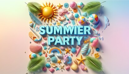 Summer beach concept design. Summer beach party text in surfboard element with floaters, leaves and miniature island for tropical holiday decoration. 3d illustration.