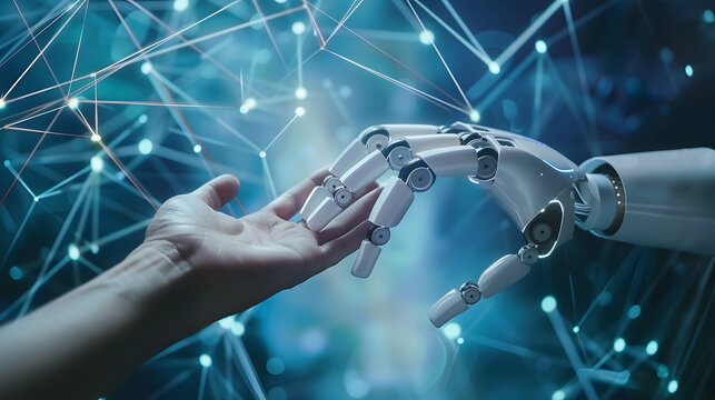 Hand of human and robot or artificial Intelligence connecting data information, machine learning technology