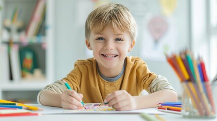 Cute little boy drawing with colored pencils