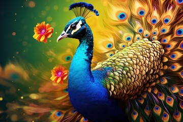 Kaleidoscopic Peacock bird art beauty. Nature tropical. Generate Ai