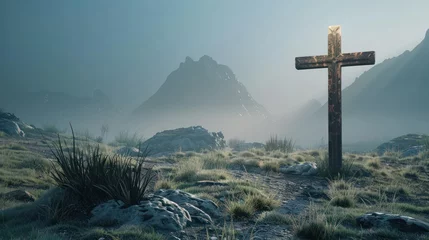 Fototapeten Lonely cross with mountains in the background © suteeda