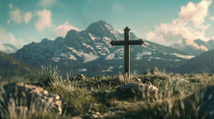 Lonely cross with mountains in the background - obrazy, fototapety, plakaty