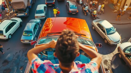 Man in colorful car above people in traffic jam