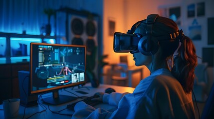 gamer girl fully immerged VR AR virtual augmented reality gaming glasses, immersive computer video game play, futuristic concept