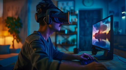 gamer boy fully immerged VR AR virtual augmented reality gaming glasses, immersive computer video game play, futuristic concept