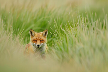 Playful red fox pouncing through a field of tall grass. - Powered by Adobe