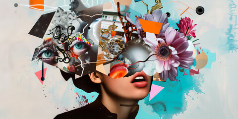 Surreal Collage of Female Portrait with Florals and Abstract Shapes