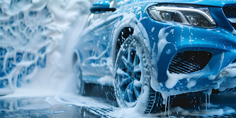Professional washer manual washing luxury car  Blue car wash with white soap foam and profess  - obrazy, fototapety, plakaty