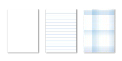 Blank paper, lined paper and square paper on transparent background.
