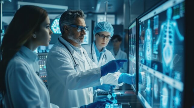 A group of medical professionals discussing patient data on a digital screen in a hospital. 
