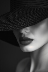 A graceful figure captured in black and white, the contrast highlighting the texture of her black hat and the smoothness of her skin. Her lips are a focal point, their contours perfectly defined