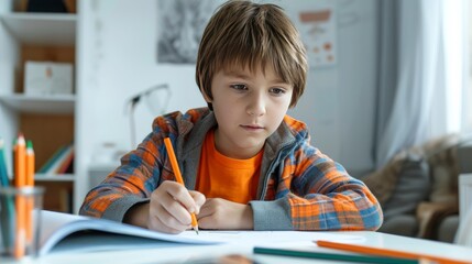 A boy in an orange shirt is doing his homework at a desk in his room.