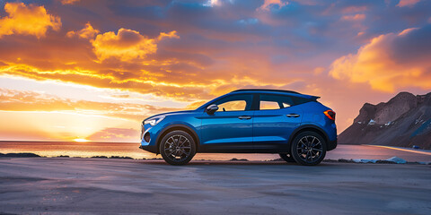 business success concept blue compact SUV car with sport and modern design parked on concrete road by the sea at sunset environmentally friendly technology luxury modern design - obrazy, fototapety, plakaty