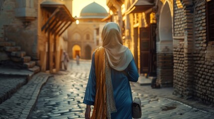 Asian Muslim woman walking inside the rock dome area - obrazy, fototapety, plakaty
