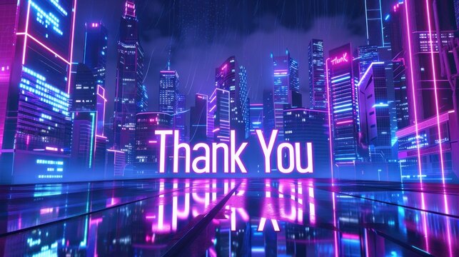 A futuristic cityscape background with holographic elements and "Thank You" in a digital font.  - Powered by Adobe