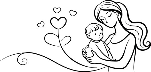 Heartwarming Line Art Depicting the Unbreakable Connection Between a Mother and Her Son on Mother's Day