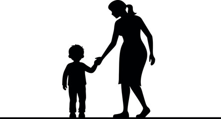 silhouette of a mother holding her son hand. 