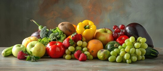 Pile of fruits and vegetables on a wooden surface