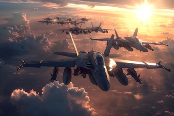 A squadron of modern fighter jets flying above the clouds - obrazy, fototapety, plakaty