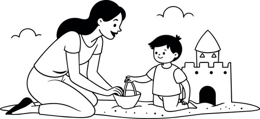 A mother helping her child build a sandcastle at the beach, illustrated in continuous line art