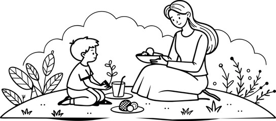 A mother and child enjoying a picnic in the sun, depicted in continuous line art
