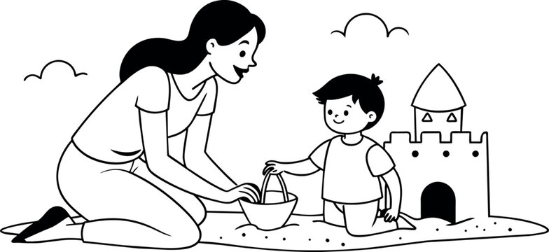 recommend clip art: A mother helping her child build a sandcastle at the beach, illustrated in continuous line art