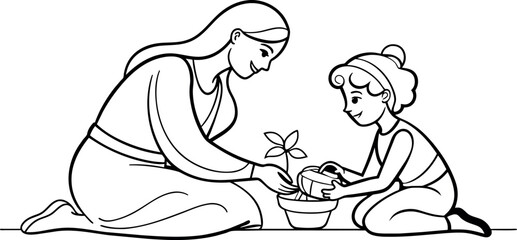 A mother and child making a handmade card or gift, portrayed in continuous line art