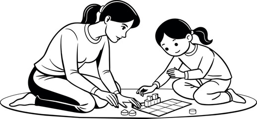 A mother and child playing a board game or puzzle, illustrated in continuous line art