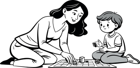 A mother and child playing a board game or puzzle, illustrated in continuous line art.