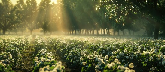 A potato field in full bloom with sunlight filtering through the trees in the background. - obrazy, fototapety, plakaty