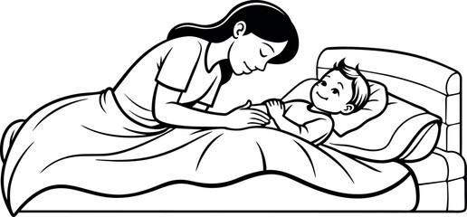 A mother tying her child's shoelaces, rendered in continuous line art
