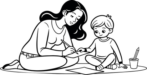 A mother and child painting or drawing together, depicted in continuous line art