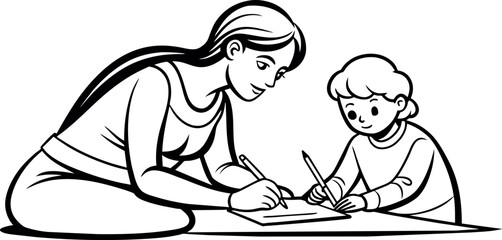 A mother and child painting or drawing together, depicted in continuous line art.