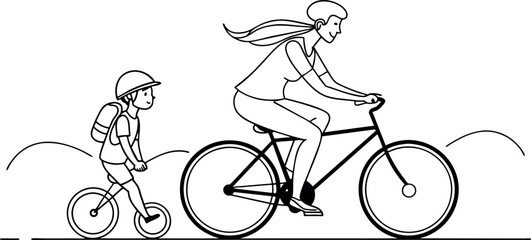 A mother helping her child ride a bike, illustrated in continuous line art1