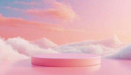 Pink Background dais podium. 3D product sky platform on the clouds. Pastel scene render stand. Pink podium stage. Minimal abstract background.