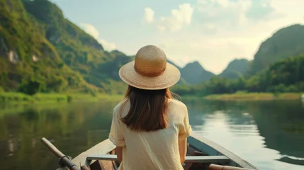Foto op Canvas Young woman views Mountain View while sitting on a rowboat in Ninh Binh, Vietnam. © suteeda