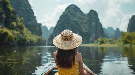 Young woman views Mountain View while sitting on a rowboat in Ninh Binh, Vietnam.