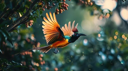 Striking golden bird-of-paradise with an elaborate crest and iridescent feathers shimmer. wildlife illustration
