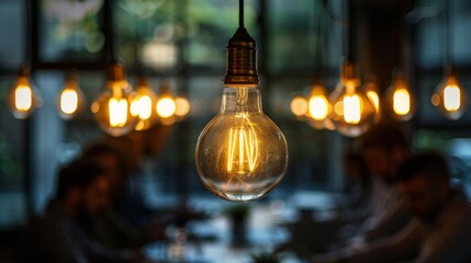 Obraz premium A roundtable discussion under a canopy of hanging lightbulbs, with one bulb shining brightest as a team member articulates their idea, highlighting the moment of insight and collective enthusiasm.