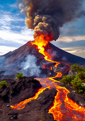 Spectacular volcano eruption with lava floating from the mountain and black smoke rising to the sky. - 788423027